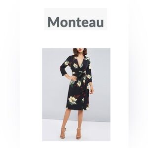🆕Monteau Navy Floral Wrap Dress with Tie Front and V-Neck M🆕